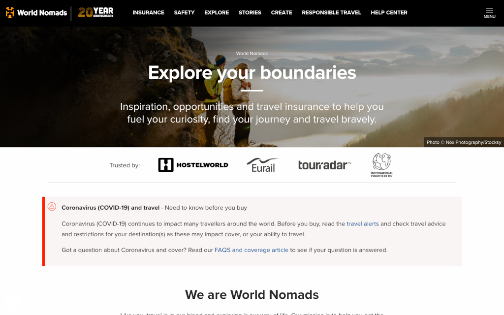 The home page of World Nomad an insurance provider that specializes in providing insurance for long term travelers