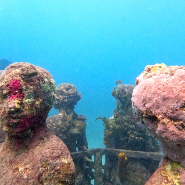 A ring of sculptures with coral growing on them at the grenada underwater sculpture park