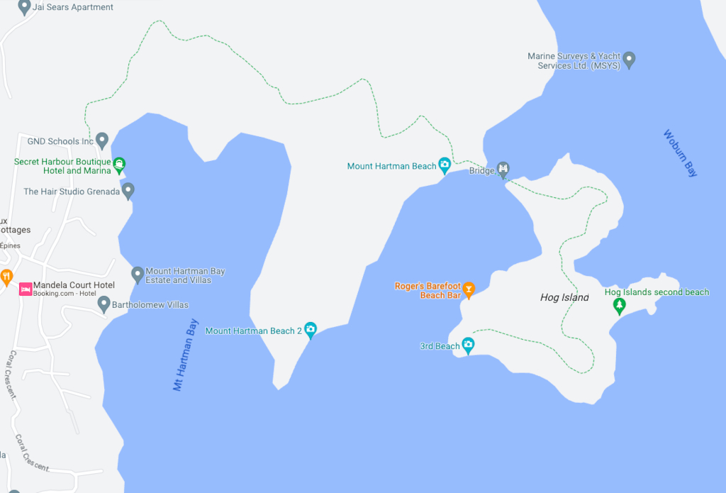 Map showing the walking route from Secret Harbour to Hog Island Grenada
