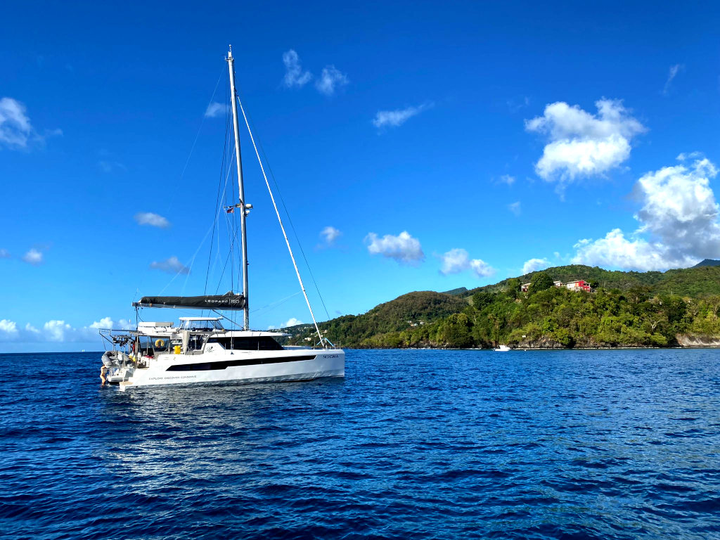 A sailing with its mast down at anchor with a green island in the background which is one of the best tours in Grenada