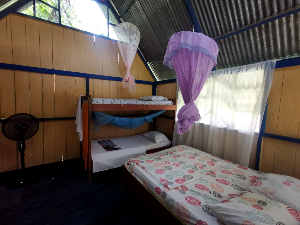 A bunk bed and a double bed inside a wooden cabana with mosquito nets above them