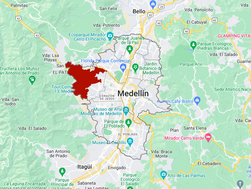 Comuna 13 map showing it's location in the west of Medellin