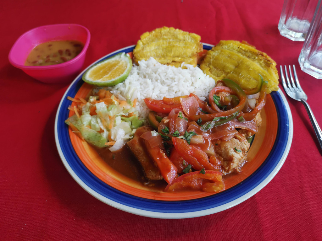 A palte of food in Puerto Narino with fish covered in a red salsa, white rice, salad on top of a pink table cloth
