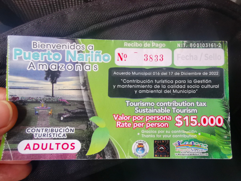 Ticket receipt for the tourist tax in Puerto Narino