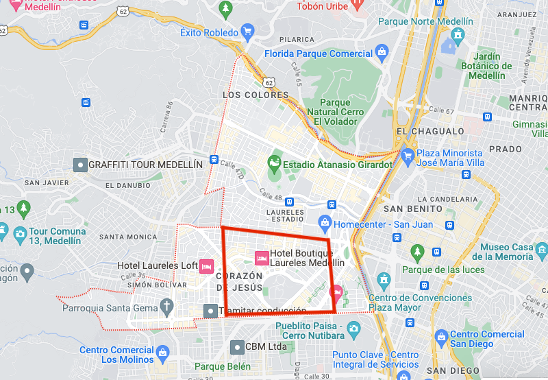Map showing the best area to stay in while living in Laureles Medellin
