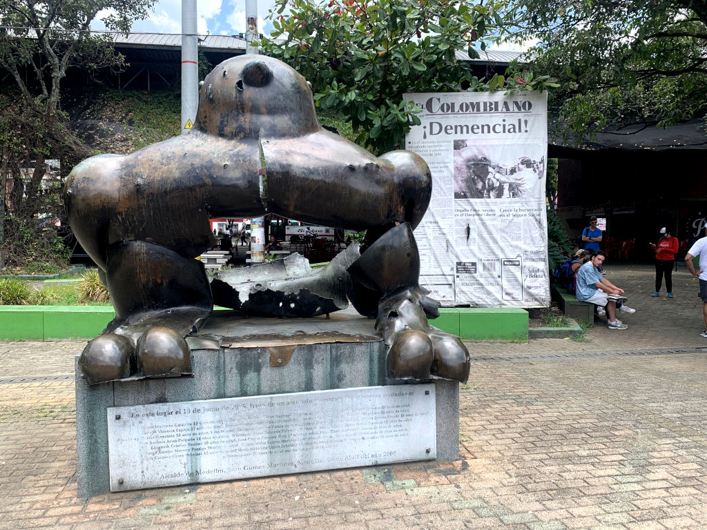 A Botero statue at Parque San Antonio in Medellin that has been blown up by a bomb