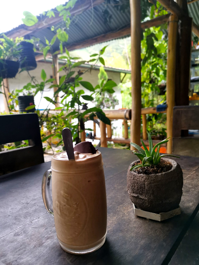 A chocolate shake sitting on a table at a restaurant with plants in the garden behind it