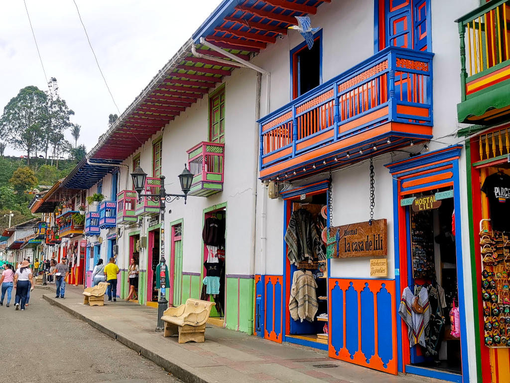 A colorful streets in the town of Salento in the coffee region of Colombia