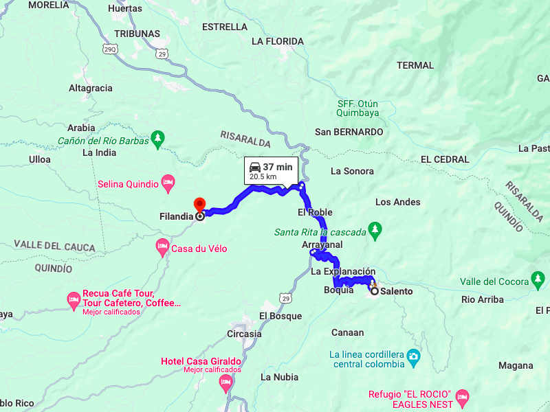 Map showing the drive from salento to filandia