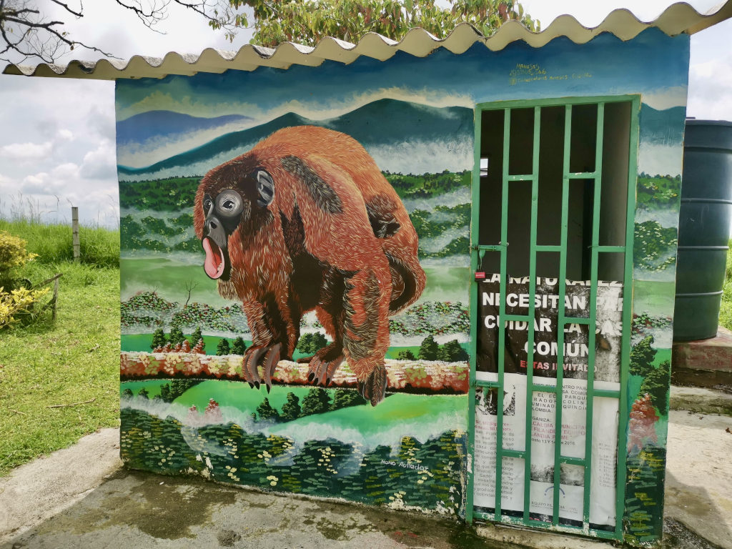 A painting of a howler money on the side of a concrete shed