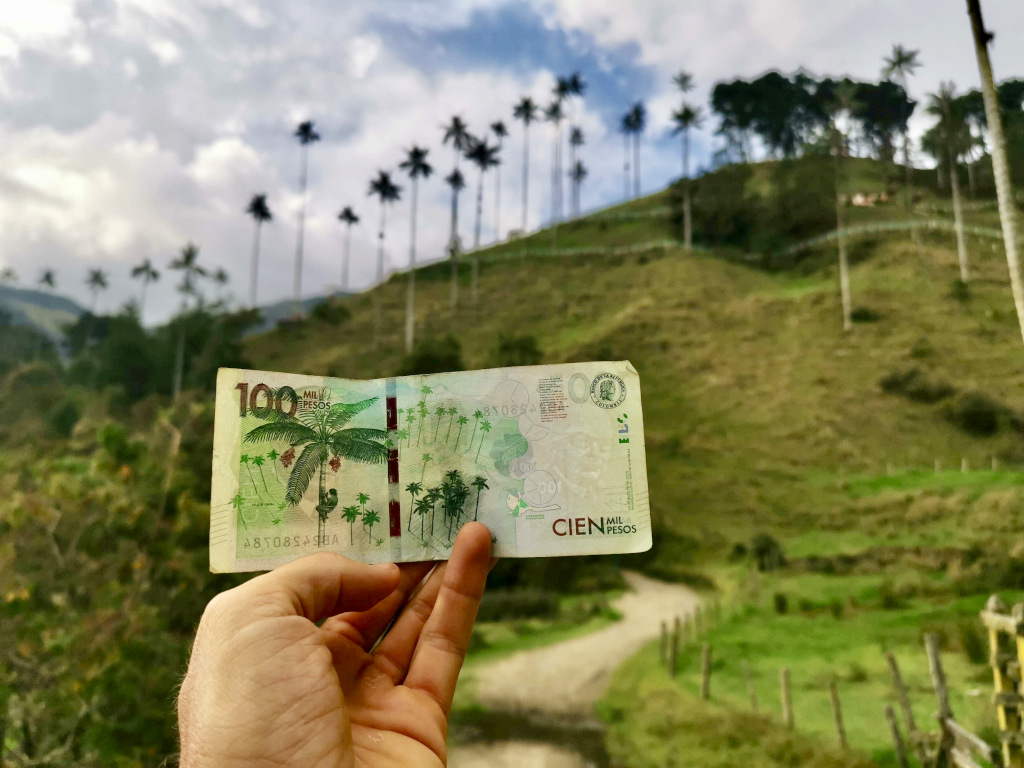 A hand holding a 100000 COP colombian bank note with palm trees on a hill in the background