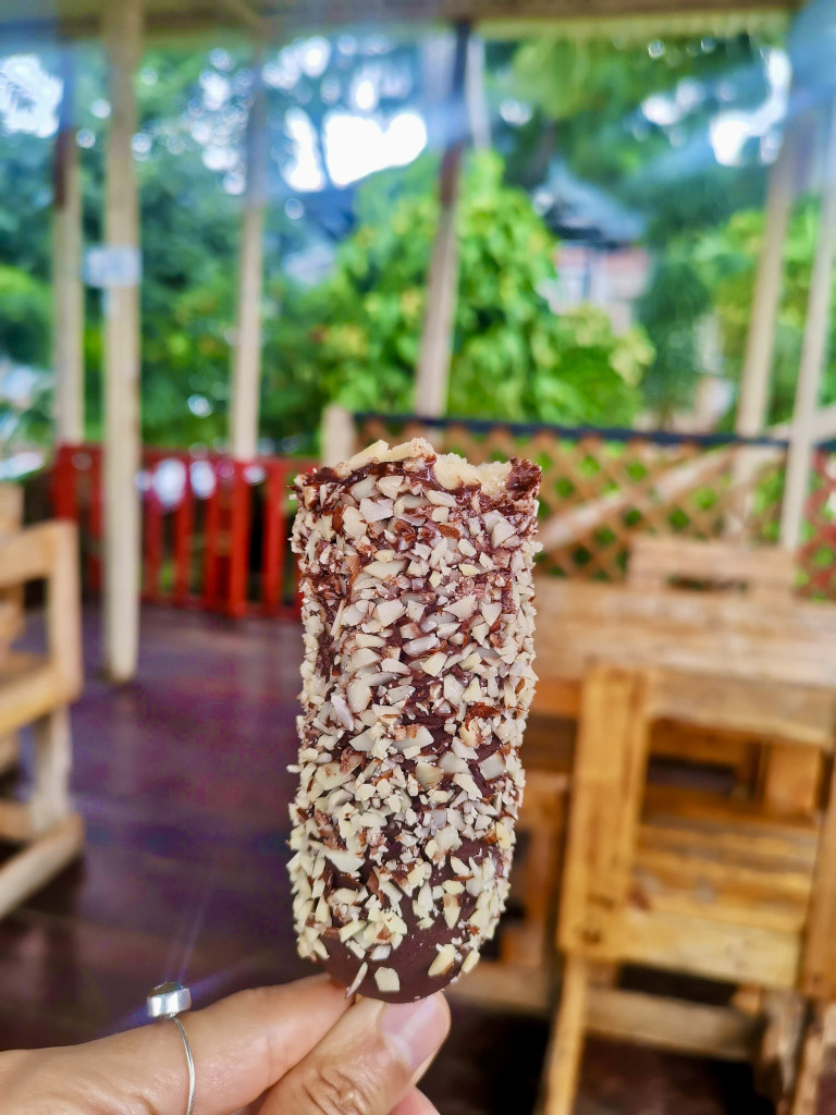 A hand holding a frozen banana covered in chocolate and peanuts