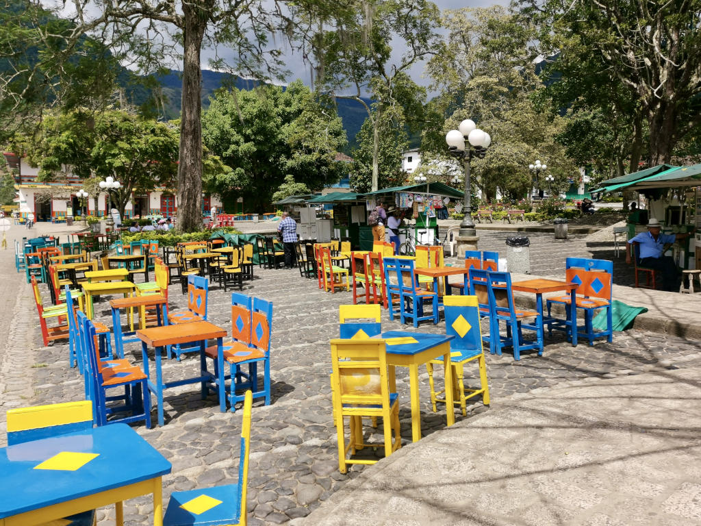 The colorful town square in Jardin Colombia