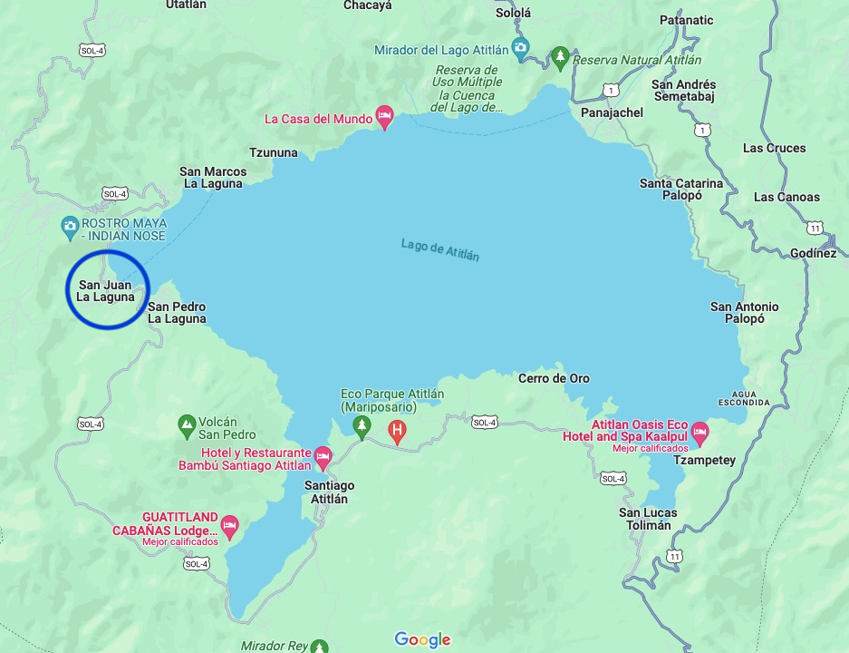 San Juan La Laguna map showing its location on the eastern shores of lake atitlan