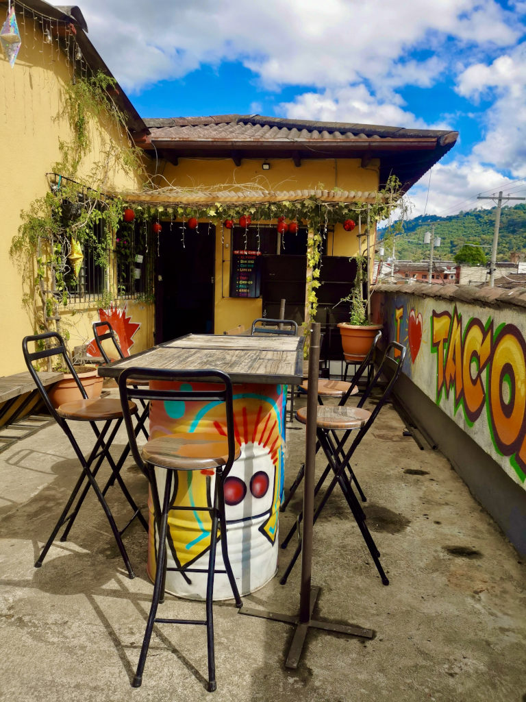 The outdoor seating area at a taqueria in Guatemala
