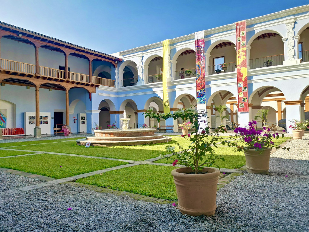 A colorful colonial courtyard at a Cultural Center in Antigua Guatemala