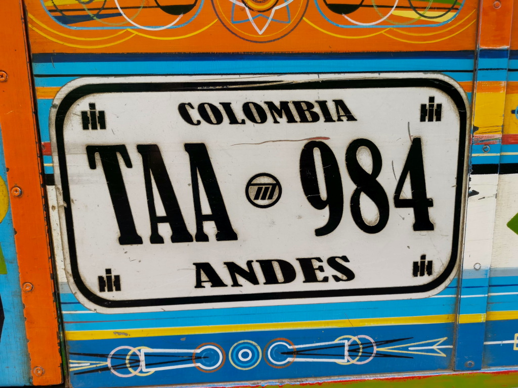 Colorful licence plate of an old bus in Colombia