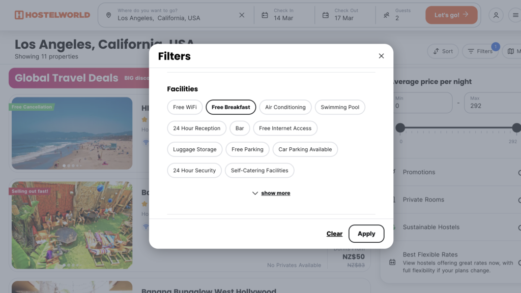 A search mask on Hostelword showing how to set the filter for Free Breakfast to travel cheap