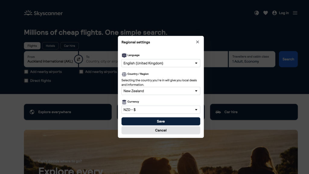 A screenshot of the settings on Skyscanner.com showing where to change the country to find cheaper flights