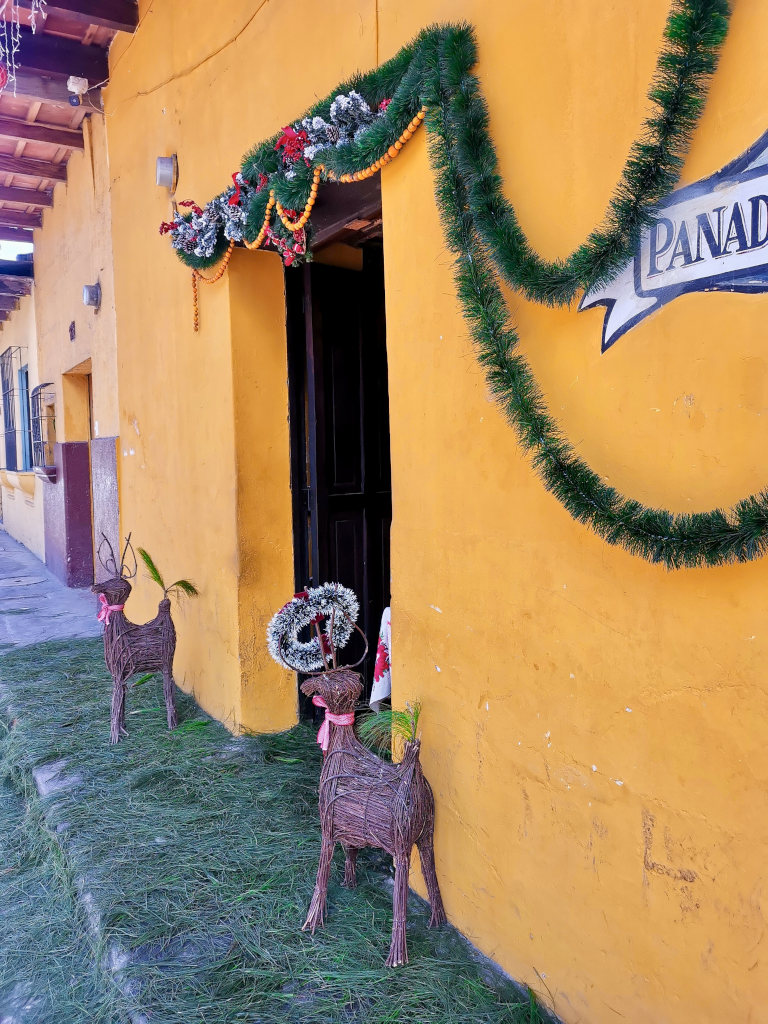 Pine needles on the ground in front of a shop during Christmas in Antigua Guatemala