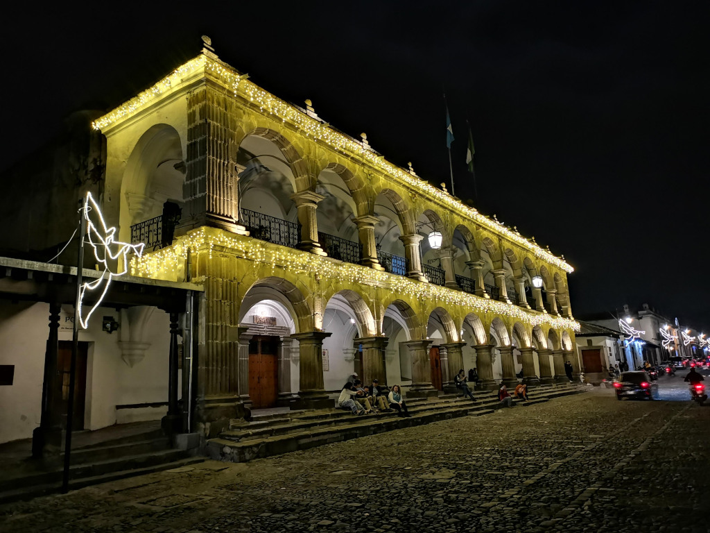 Some Christmas lights on an old colonial building in Antigua Guatemala