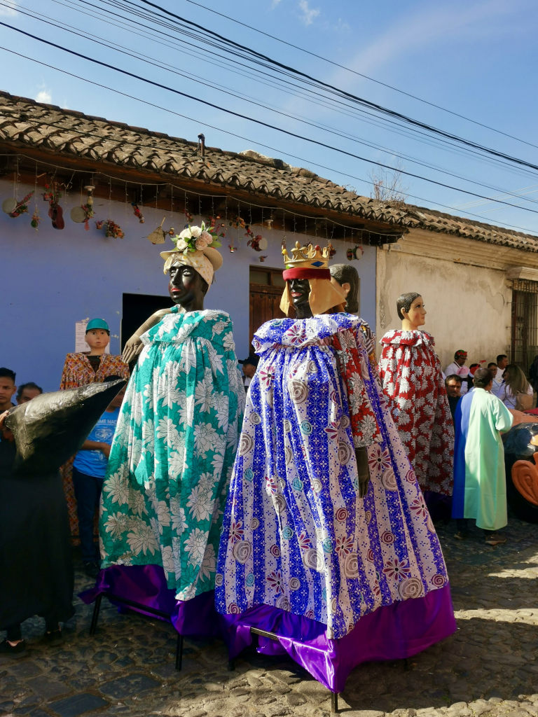 A couple dressed up for the Christmas parade in Antigua Guatemala