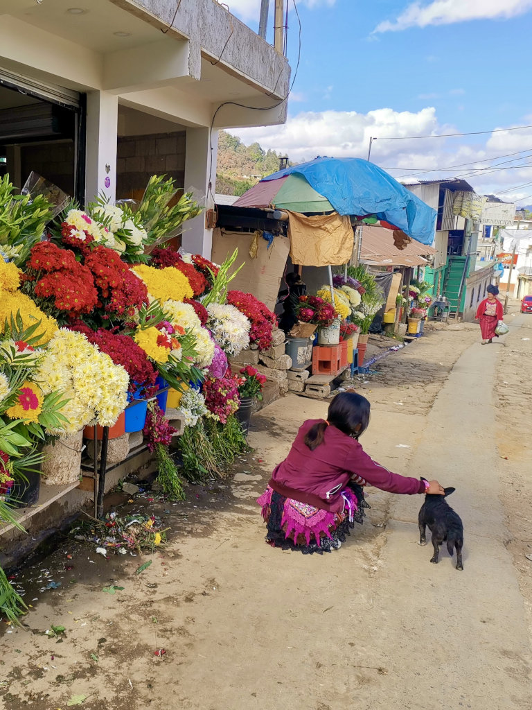 A woman dressed in traditional Mayan clothing bending down to pat a dog on a dusty dirt road with a stand full of colorful flowers to her left