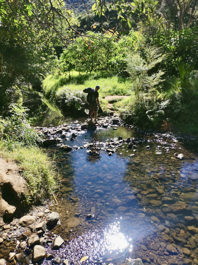 A man with a backpack on crossing a stream on the way to Lane Cove Hut
