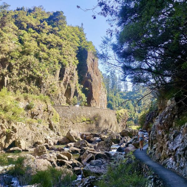 A woman walking along a path next to a rocky river in the Karangahake Gorge