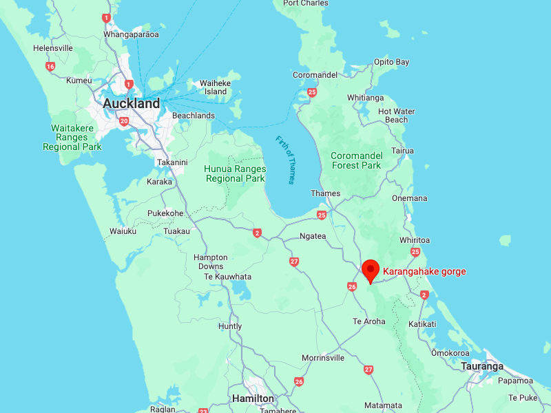 A Karangahake Gorge map showing its location on the North Island of New Zealand