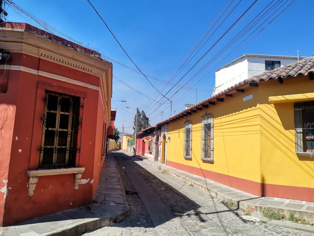 Quetzaltenango colorful street with yellow and red houses
