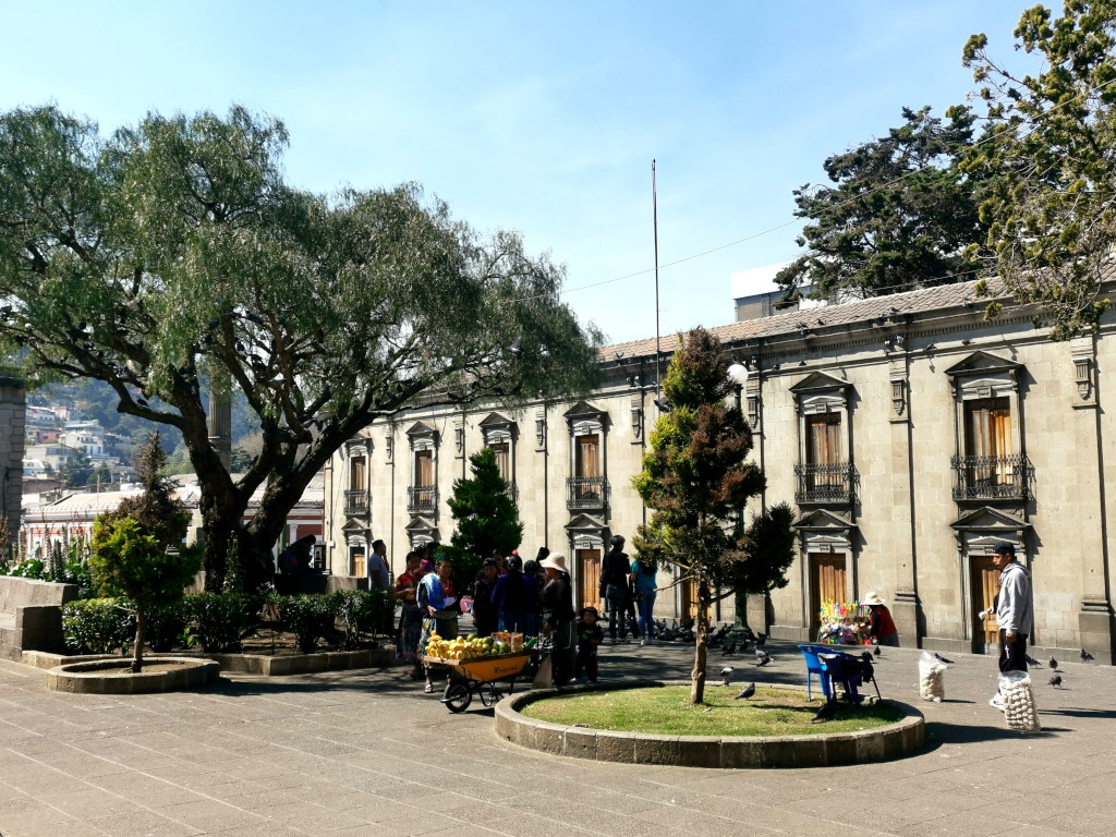 Quetzaltenango main square with trees and locals selling fruits