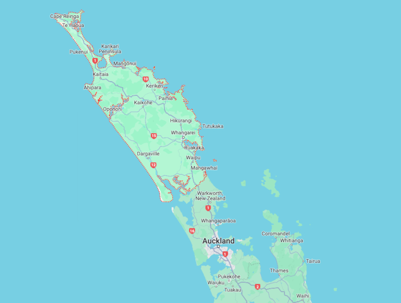 A northland nz map showing its location at the top of the north island of new zealand