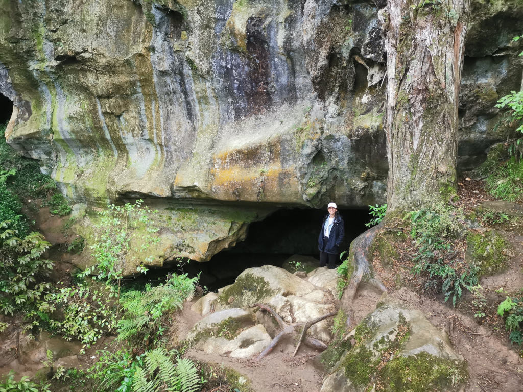 A woman standing at the entrance to the waipu caves