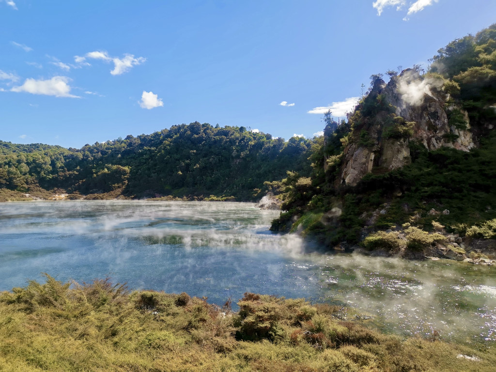 A steaming lake in the waimangu valley one of the best things to do in one day in rotorua