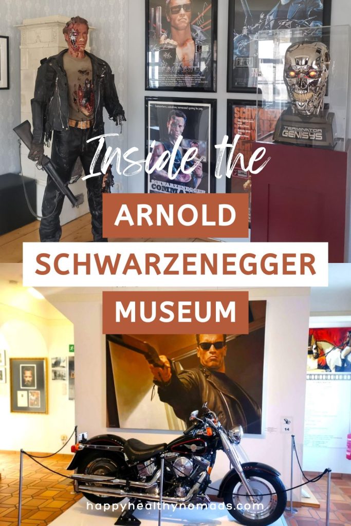 Terminator movie memorabilia on display with a text overlay saying "Inside the Arnold Schwarzenegger museum".