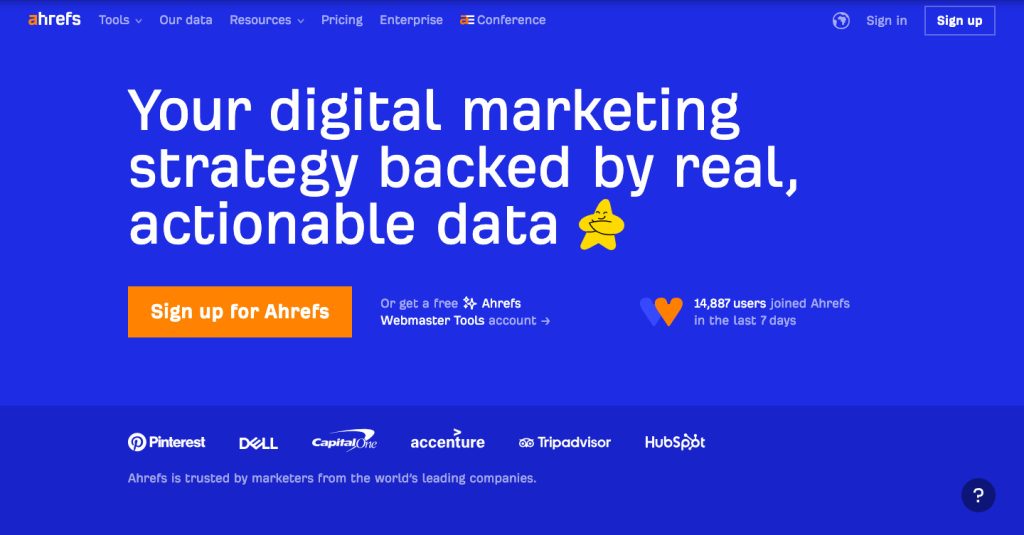 The landing page for Ahrefs - a well-known allrounder Seo tool 