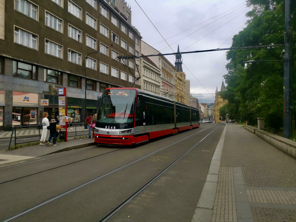 A tram on a street in prague which is a great way to get around prague