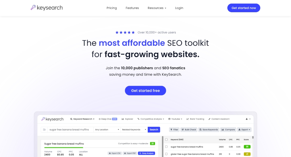 The front page of Keysearch - an affordable website to use for keyword monitoring for bloggers