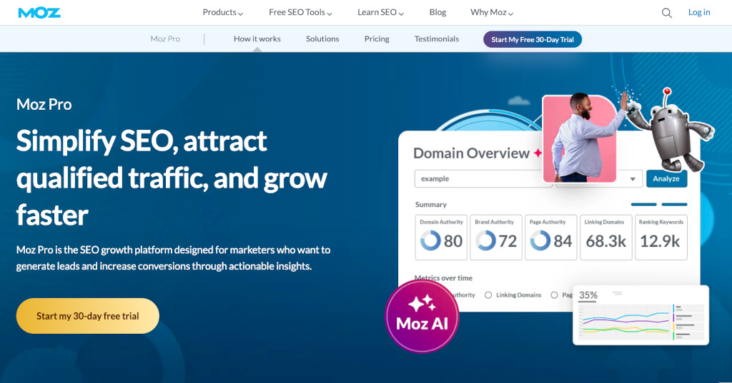 The landing page for Moz Pro - a great website to use for SEO on blogs