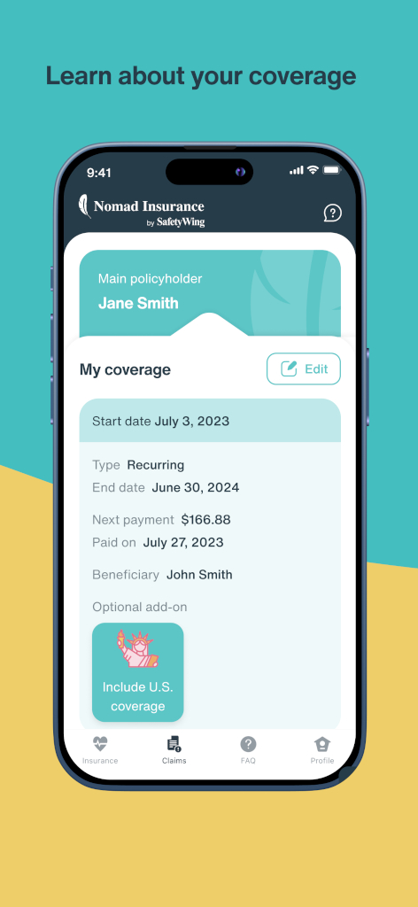 A page on the SafetyWing Nomad Insurance App showing the coverage of an example customer