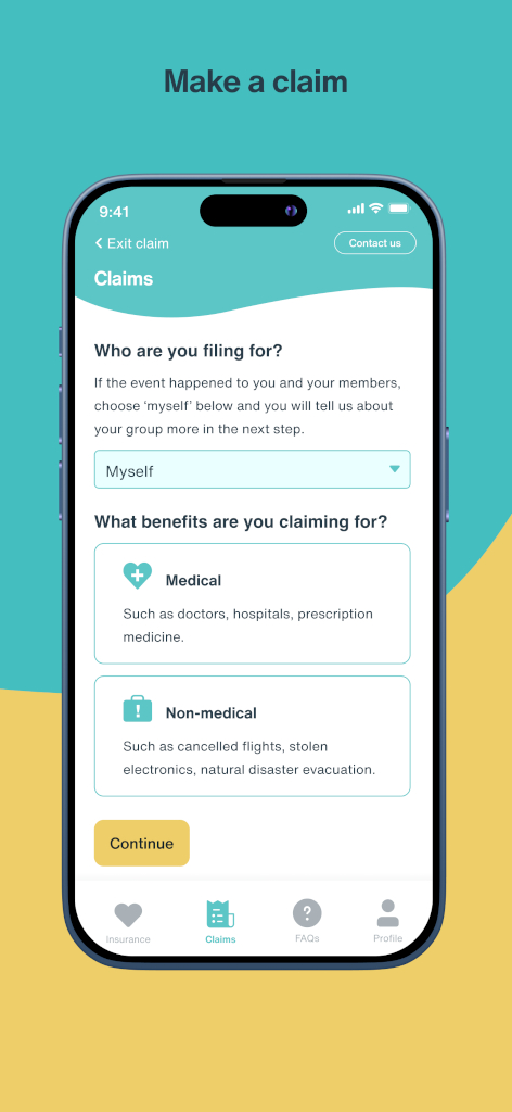 A screenshot of SafetyWing's App page for making a claim