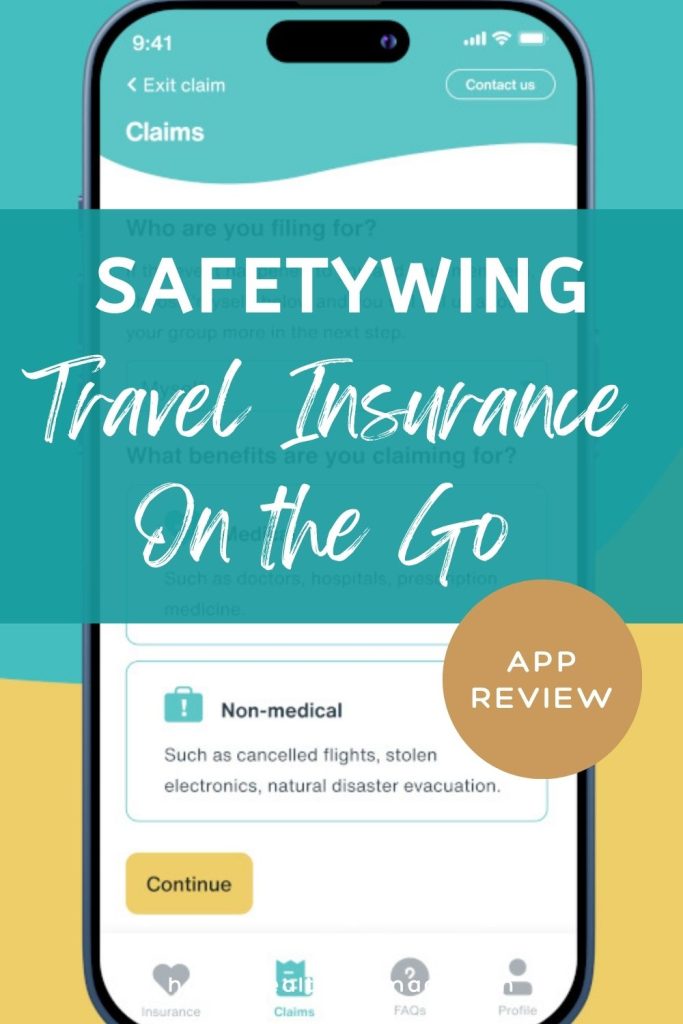 SafetyWing App with a text overlay saying "SafetyWing Travel Insurance on the Go - App Review".