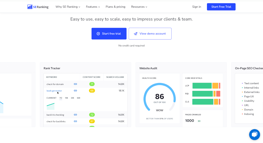 The landing page of SE rankings - a great tool for blogging beginners and keyword research