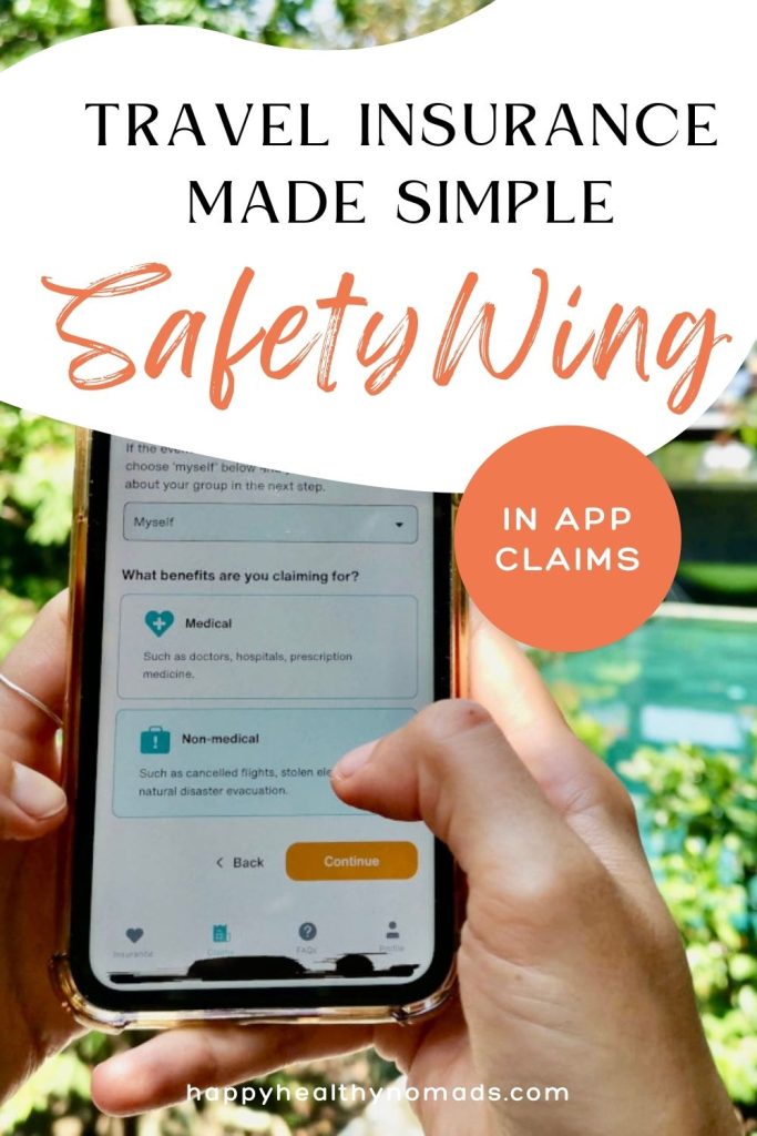 A hand holding up a phone showing the SafetyWing App on it and a text overlay saying "Travel Insurance made simple: SafetyWing in App Claims".