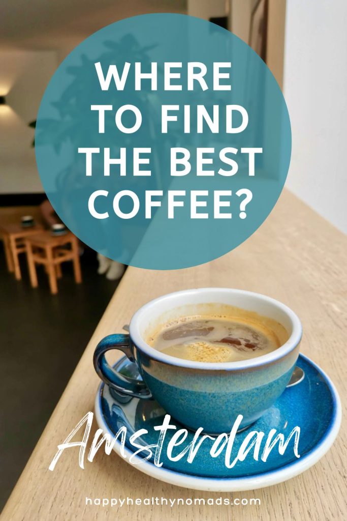 An Americano in a blue ceramic cup on a wooden bench with a blue text bubble above saying "Where to find the best coffee?".