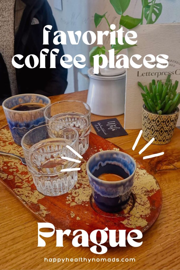 A wooden tray with two black coffees and two cups of water on a wooden table with a text overlay saying "Favorite Coffee Places Prague".