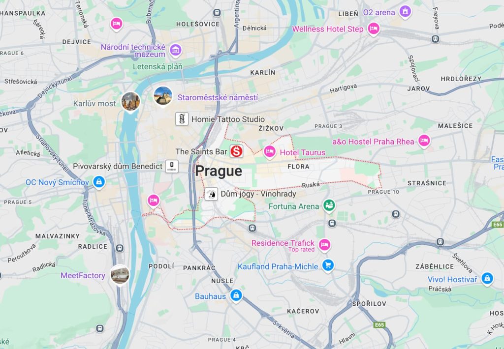 Map of Prague showing the outlines of the Vinohrady neighborhood.