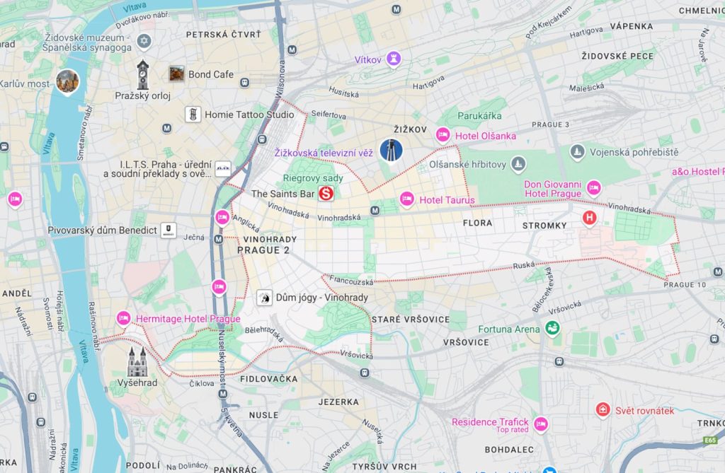 Map highlighting the outlines of Vinohrady, Prague 2, including parks, the main train station, and the network of streets.