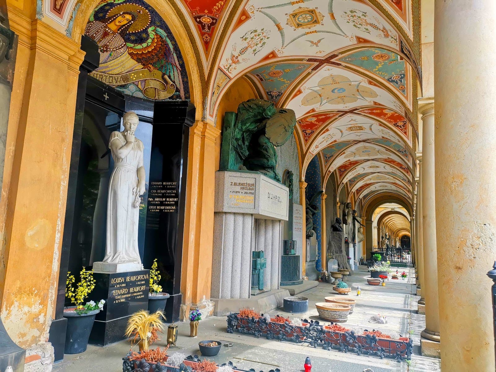 Colorful archways at the cemetary of the Vyšehrad Fortress in Prague.